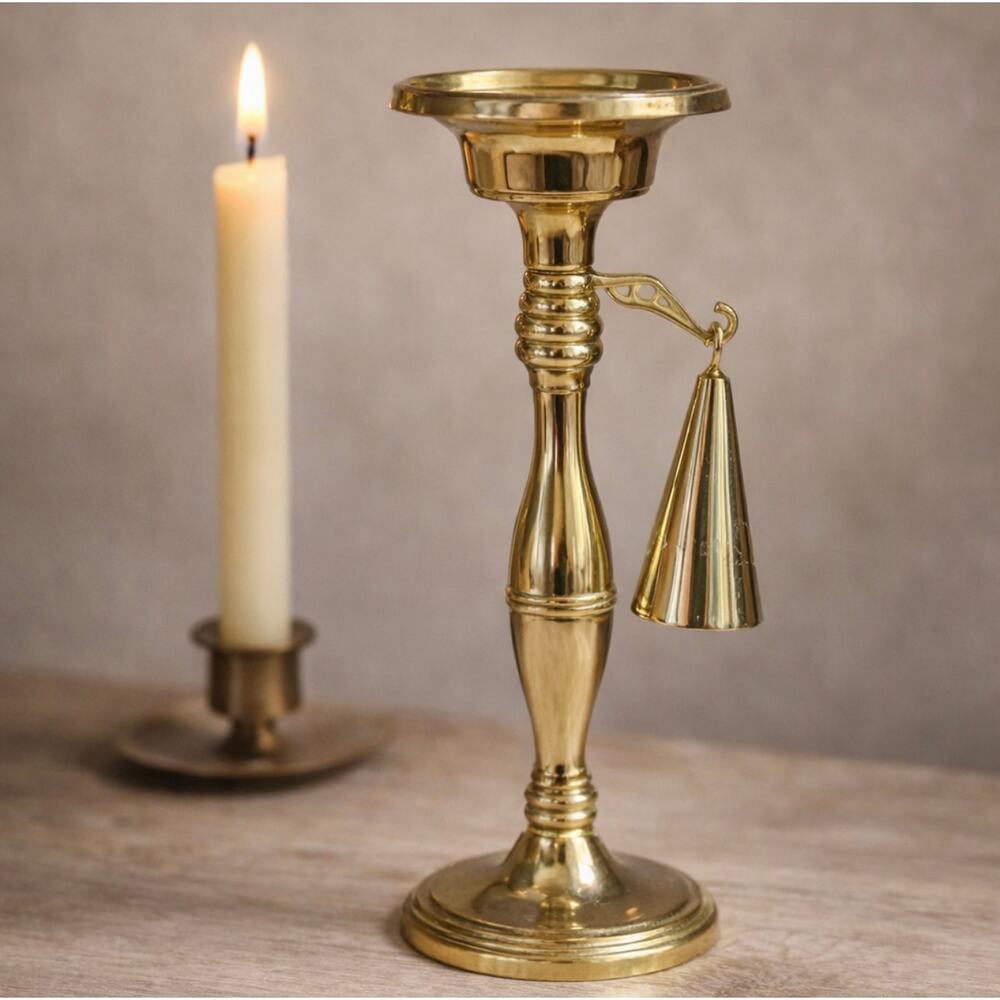 Godinger Brass Candlestick Holder w Hanging Snuffer Taper Candle Vintage Style